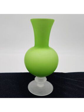 Green Frosted Cased Glass Vase With Flared Neck & Pedestal Base VTG Norleans